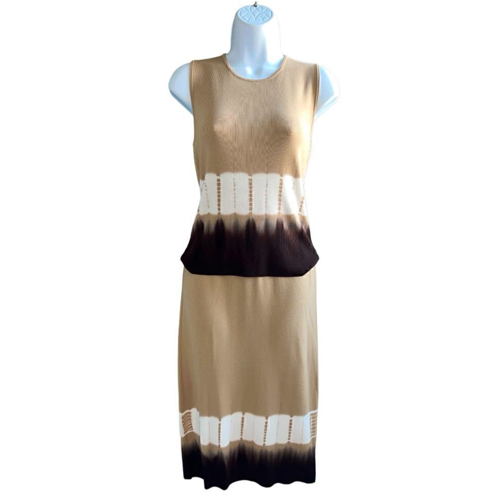 KENAR Two Pieces Set Tan Color With Brown Gradients Top Size M Skirt Size S.